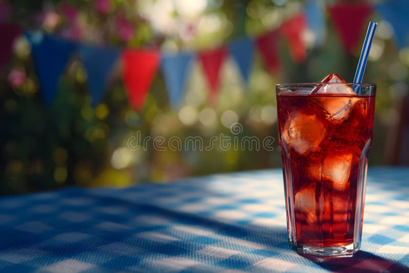 Un bicchiere di limonata rinfrescante con cubetti di ghiaccio si siede su una tovaglia blu scanalata. Le cuciture decorano lo sfon illustrazione vettoriale