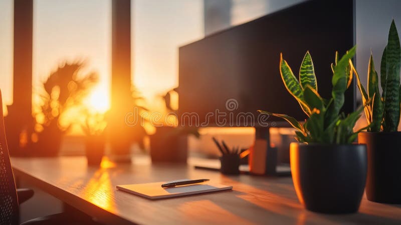 Un birou din lemn cu un notebook de calculator și plante în ghivece negre. royalty free stock photography