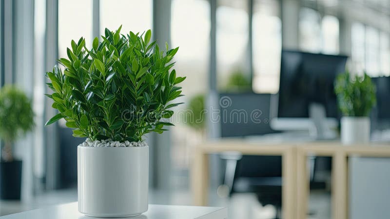 Un birou modern, cu birouri de calculatoare și verdeață, scăldate în lumina naturală, îmbunătățește atmosfera spațiului de lucru royalty free stock photo