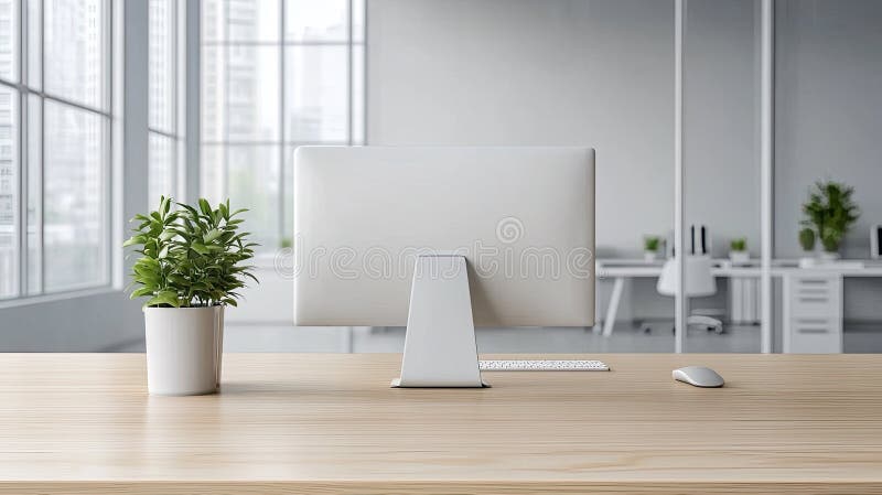 Un birou modern, cu birouri de calculatoare și verdeață, scăldate în lumina naturală, îmbunătățește atmosfera spațiului de lucru stock images