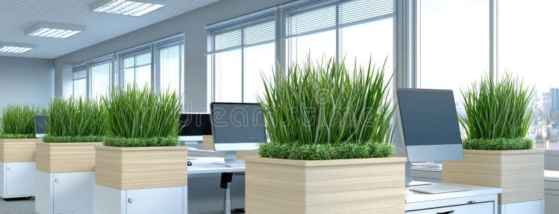 Un birou modern, cu birouri de calculatoare și verdeață, scăldate în lumina naturală, îmbunătățește atmosfera spațiului de lucru stock photos