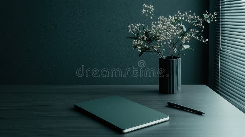 Un birou verde închis, cu o vază de flori albe și un stilou. royalty free stock photography