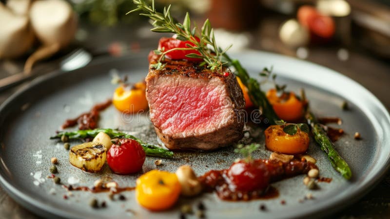 Un bistec gastronómico muy bien decorado con verduras y hierbas aromáticas que ponen de relieve el arte culinario en un entorno ag stock de ilustración
