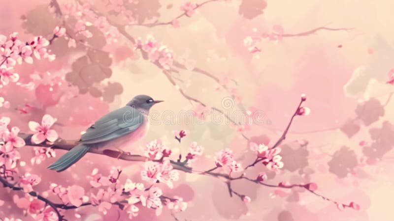 Un bleuet perché sur une branche de fleurs de cerisiers roses illustration de vecteur