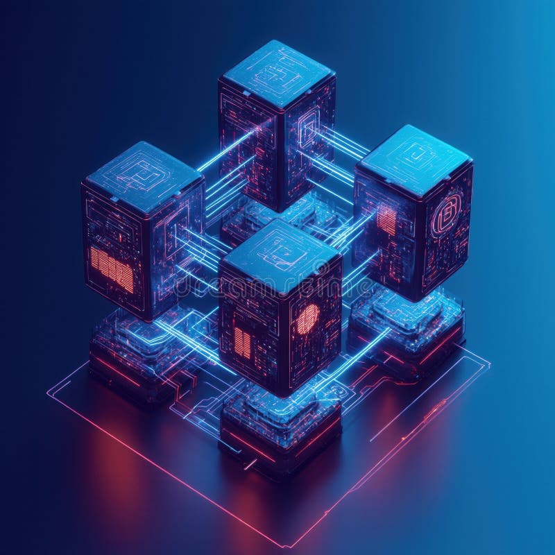 Un blockchain ou un réseau distribué où des cubes connectés survolent les plates-formes. Détails complexes et éléments lumineux photographie stock libre de droits