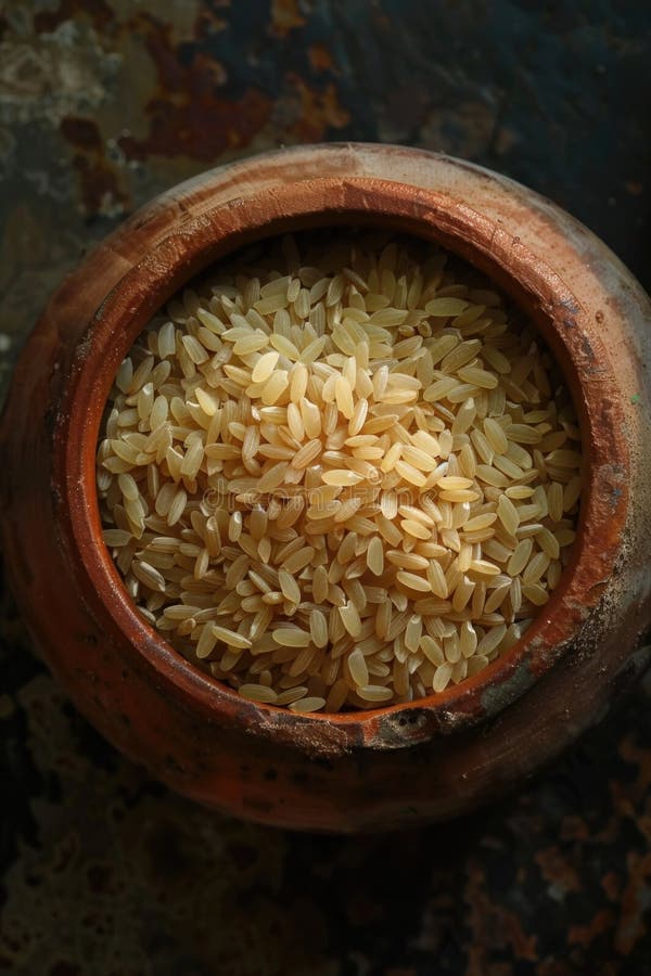 Un bol brun rempli de riz est assis sur une table prête à être utilisée. ai généré