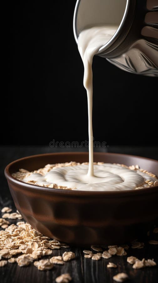 Un bol d'indulgence sain de farine d'avoine crémeuse avec un tourbillon de lait versez un délice nourrissant pour les sens illustration libre de droits