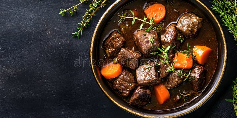 Un bol de ragoût de boeuf aux carottes et au thym sur une surface sombre avec des spriges de thym à proximité illustration stock