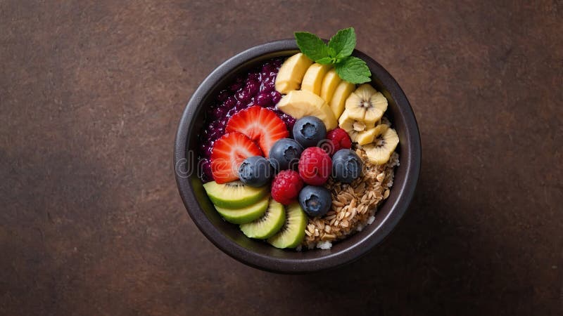 Un bol vibrant și colorat, umplut cu un sortiment delicios de fructe proaspete, boabe de cereale și de fructe suculente este royalty free stock photo