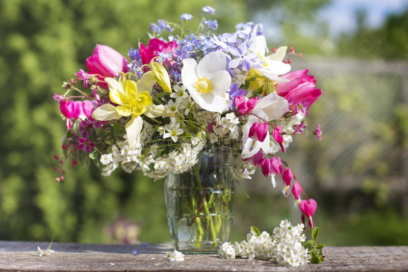 Un bouquet de belles fleurs contre un jardin vert 2 photo libre de droits Un bouquet de belles fleurs contre un jardin vert 2 photo libre de droits