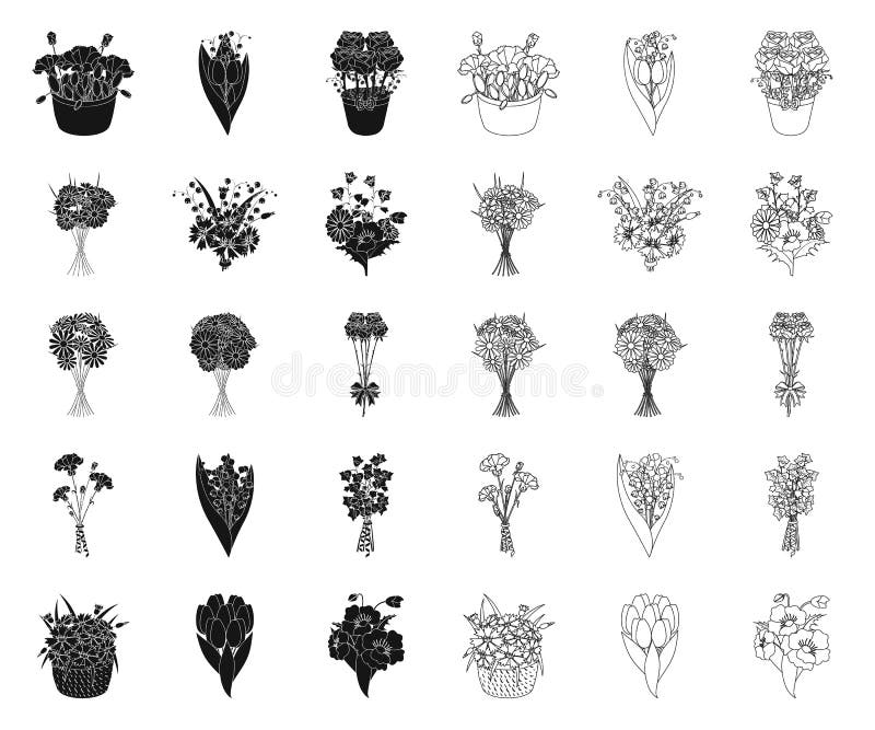 Un bouquet des fleurs fraîches noircissent, décrivent des icônes dans la collection d'ensemble pour la conception Divers Web d'ac illustration libre de droits Un bouquet des fleurs fraîches noircissent, décrivent des icônes dans la collection d'ensemble pour la conception Divers Web d'ac illustration libre de droits