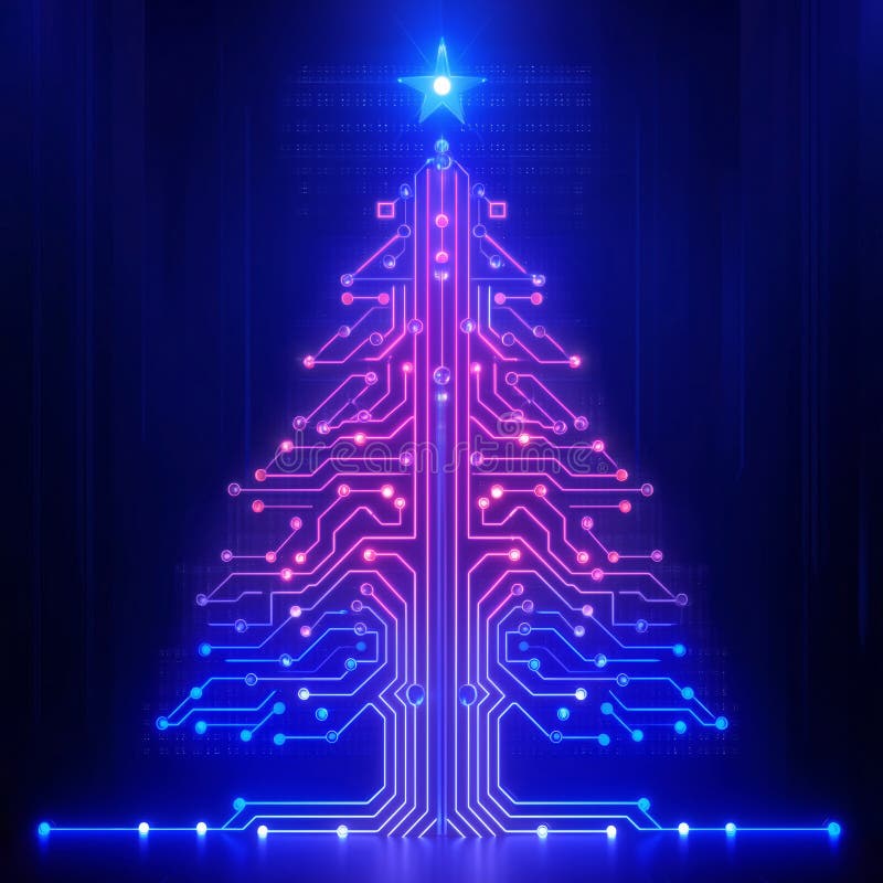 Un brillante diseño de árbol de navidad de circuito con luces de colores y una estrella en la cima libre illustration