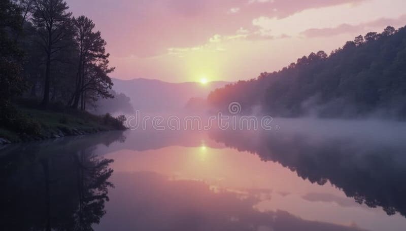 Un brouillard rose doux se lève sur la paisible rivière Grand au lever du soleil calme illustration de vecteur