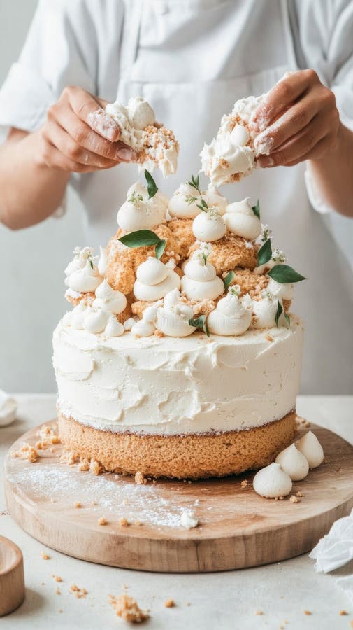 Un bucătar de patiserie calificat creează un tort uimitor prin adăugarea de glazură și elemente decorative într-o bucătărie confor royalty free stock images