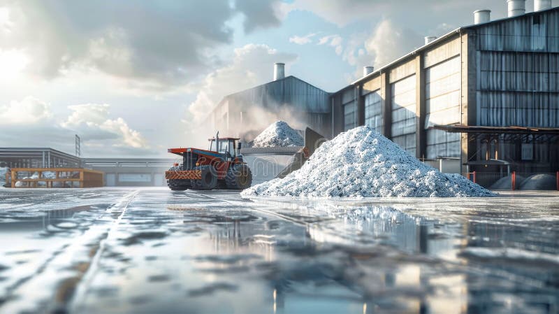 Un bulldozer si trova di fronte a una grande fabbrica di fertilizzanti al potassio che libera una pila di neve con il magazzino su illustrazione vettoriale