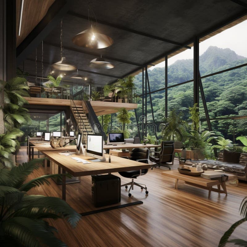 Un bureau moderne dans un loft surplombant la forêt amazonienne photographie stock