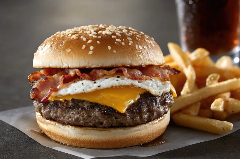 Un burger cu apă dulce, cu o bucată suculentă de carne de vită, topit cu brânză topită, șuncă crocantă și un ou prăjit servit stock photo