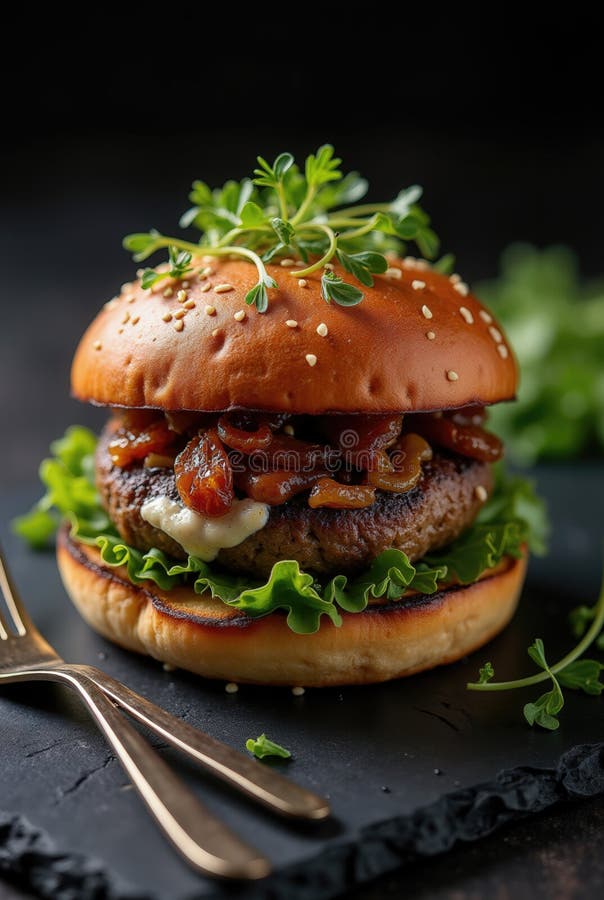 Un burger cu apă gură are o bucată perfect preparată, plină cu ceapă caramelizată și salată cuibărit într-o stock photography