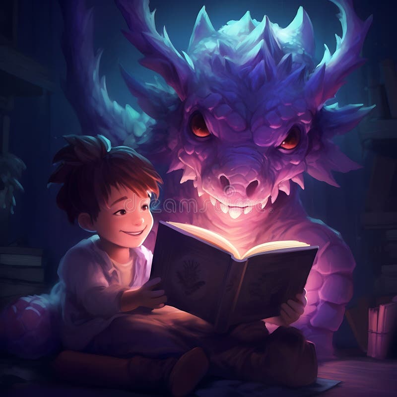 Un băiețel citește cu bucurie cu un dragon violet prietenos lângă el. vector illustration