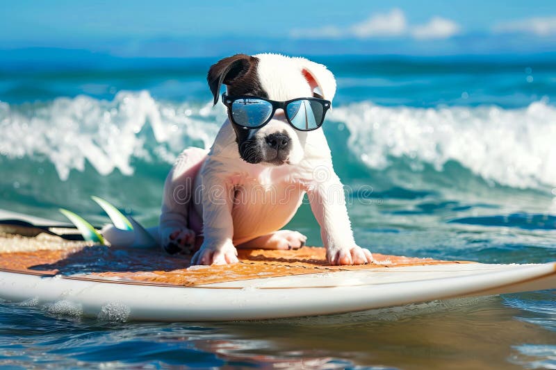 Un cachorro con gafas de sol encima de una tabla de surf fotos de archivo libres de regalías