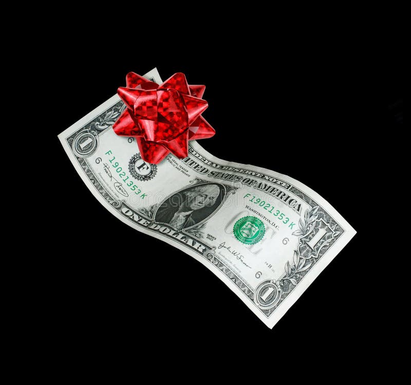 Help economy one dollar bill gift isolated on black background. Help economy one dollar bill gift isolated on black background