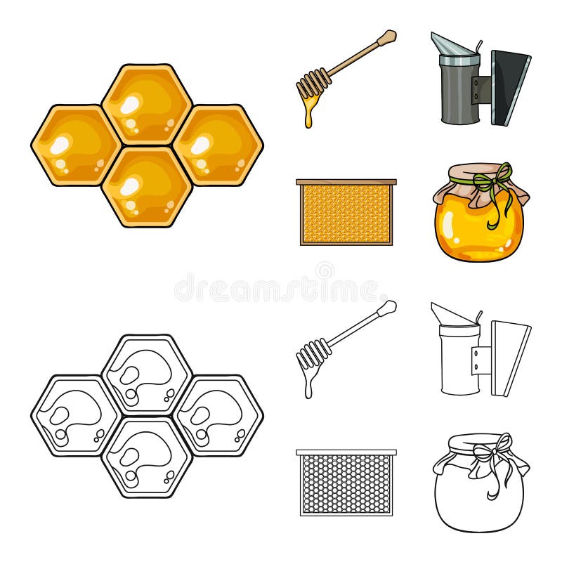Un cadre avec des nids d'abeilles, une poche de miel, un fumigator des abeilles, un pot de miel Icônes réglées de collection de r illustration de vecteur Un cadre avec des nids d'abeilles, une poche de miel, un fumigator des abeilles, un pot de miel Icônes réglées de collection de r illustration de vecteur