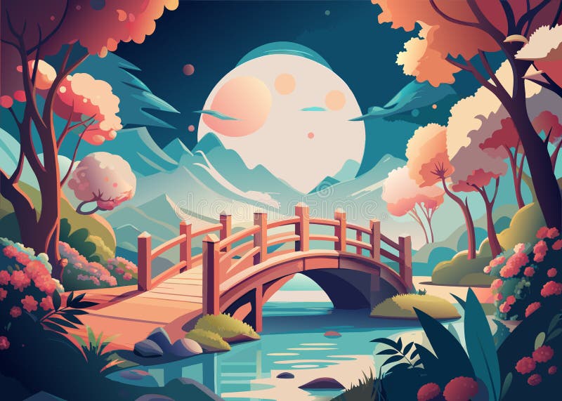 Un cadre forestier magique avec un pont en bois traversant une rivière douce encadrée d'arbres vibrants sous une lune lumineuse qu illustration stock