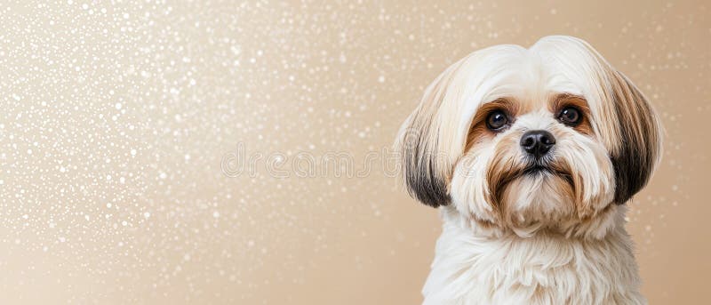 Un cagnolino bianco e marrone davanti a un muro bianco punteggiato da goccioline d'acqua sul suo volto fotografia stock