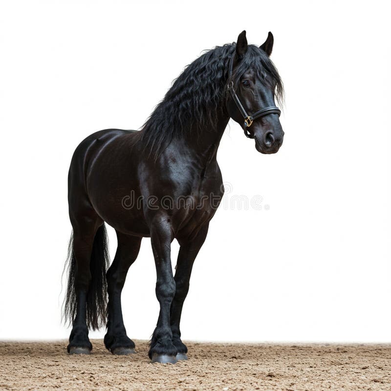 Un cal frisian negru maiestuos stă pe un teren de nisip. Are o coamă și coadă curgătoare stock illustration