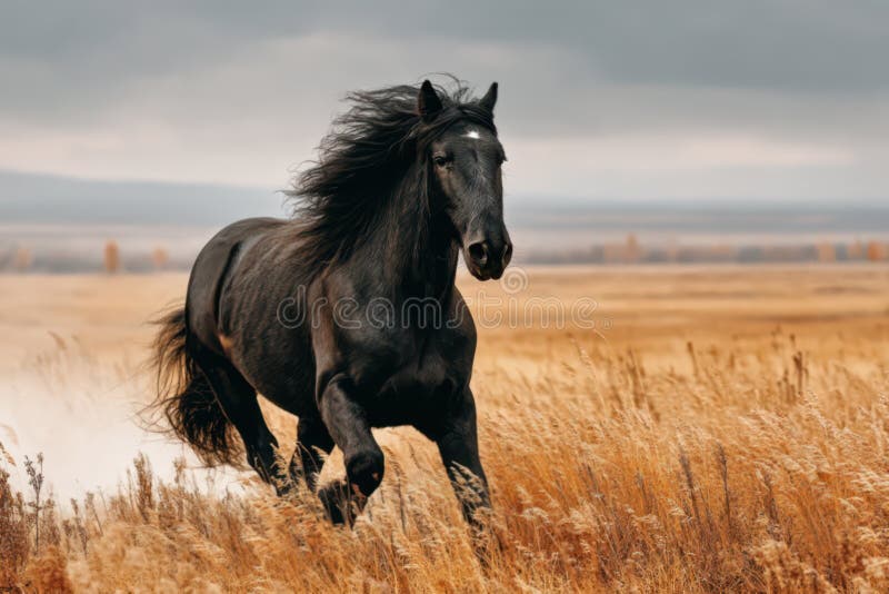 Un cal negru maiestuos alergând printr-o pajiște de aur la apus vector illustration