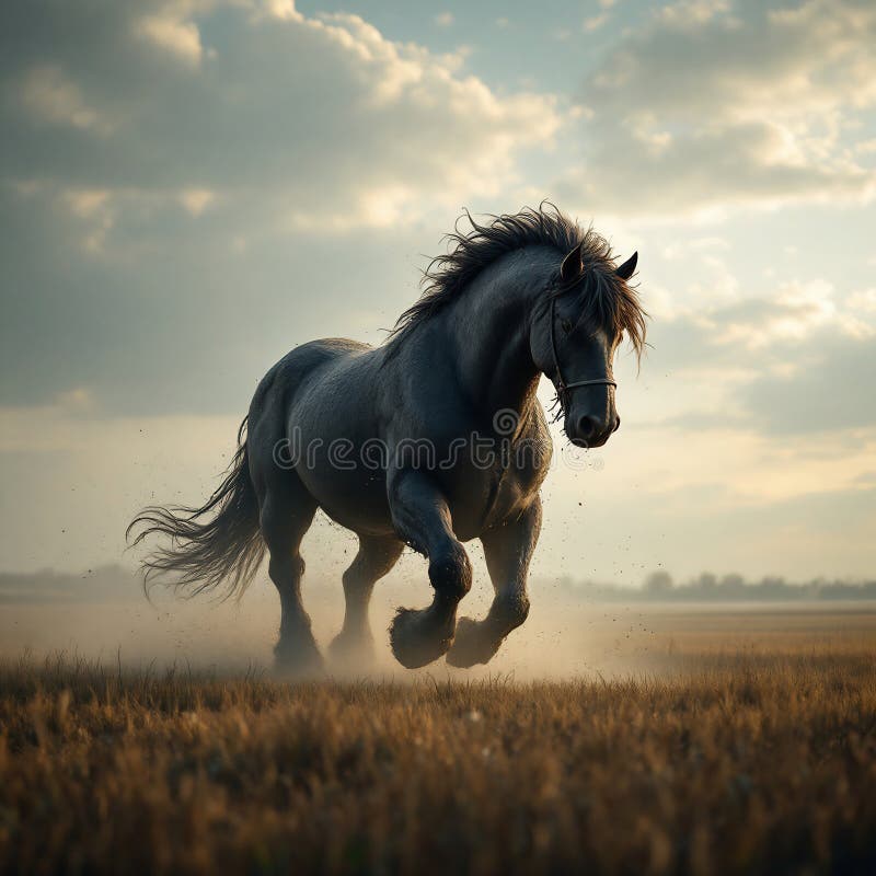 Un cal negru maiestuos galopând liber pe câmpurile vaste royalty free illustration