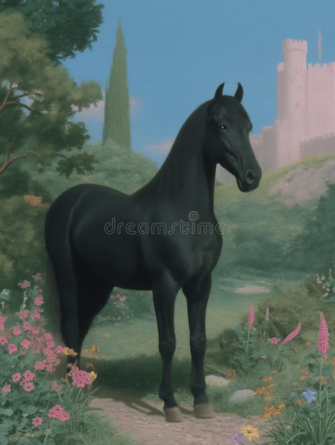Un cal negru maiestuos stă într-o grădină luxuriantă înconjurată de flori colorate, cum ar fi stock illustration