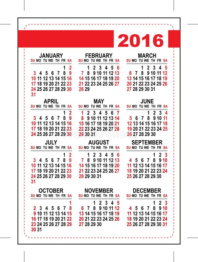 un calendario di 2016 tasche Griglia del modello Primo giorno domenica illustrazione vettoriale un calendario di 2016 tasche Griglia del modello Primo giorno domenica illustrazione vettoriale