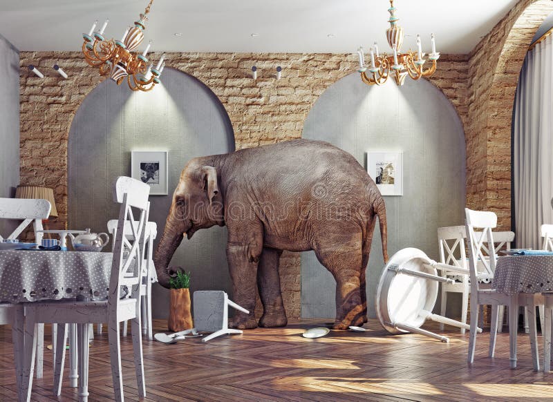 An elephant calm in a restaurant interior. photo combination concept. An elephant calm in a restaurant interior. photo combination concept