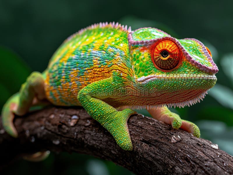 Un cameleon colorat stă pe o ramură. stock illustration