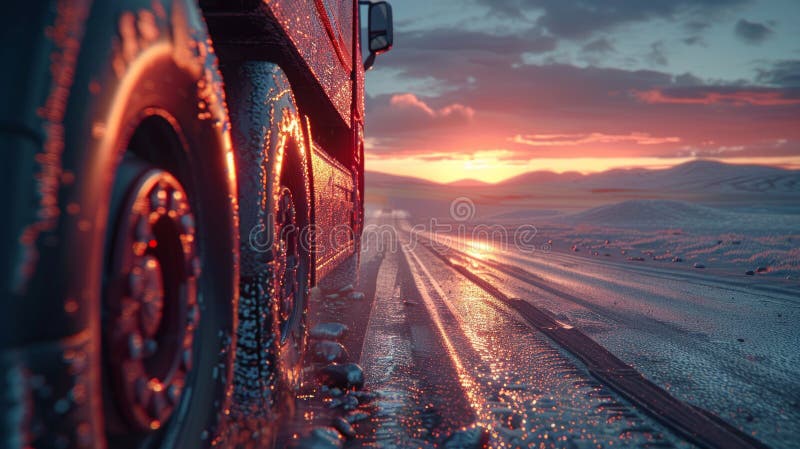 Un camion resistente naviga lungo una strada coperta di neve mentre il sole tramonta in sottofondo facendo un caldo bagliore in in fotografia stock libera da diritti