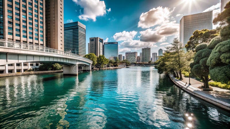 Un canal tranquille traverse une ville moderne qui reflète les gratte-ciel et un ciel bleu vif illustration libre de droits