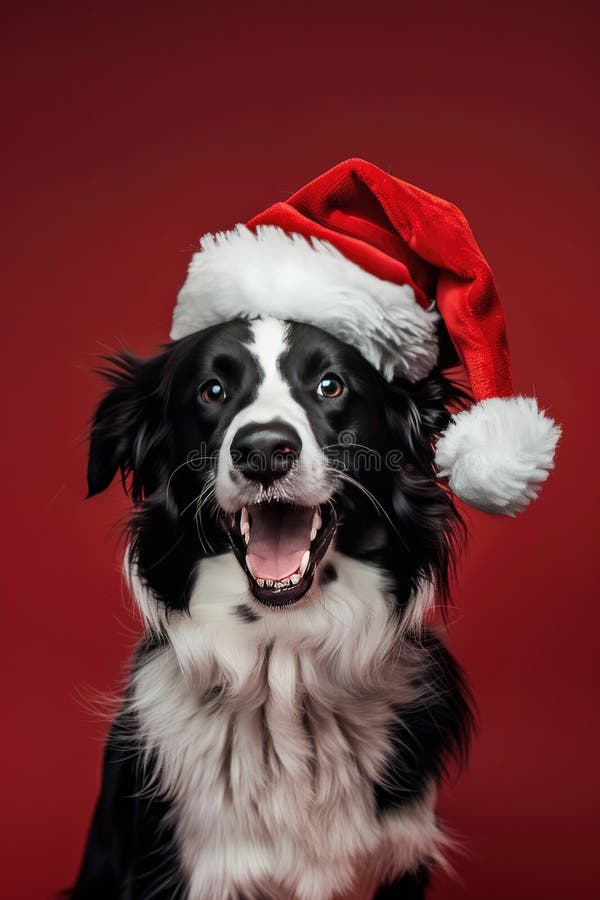 Un cane bianco e nero indossa un cappello di santa su uno sfondo rosso. Davanti a uno sfondo rosso c'è un cane bianco e nero con un cappello di santa sopra. il cane appartiene all'ordine di carnivora ed è un compagno con biscotti e tappeti da pelliccia generati