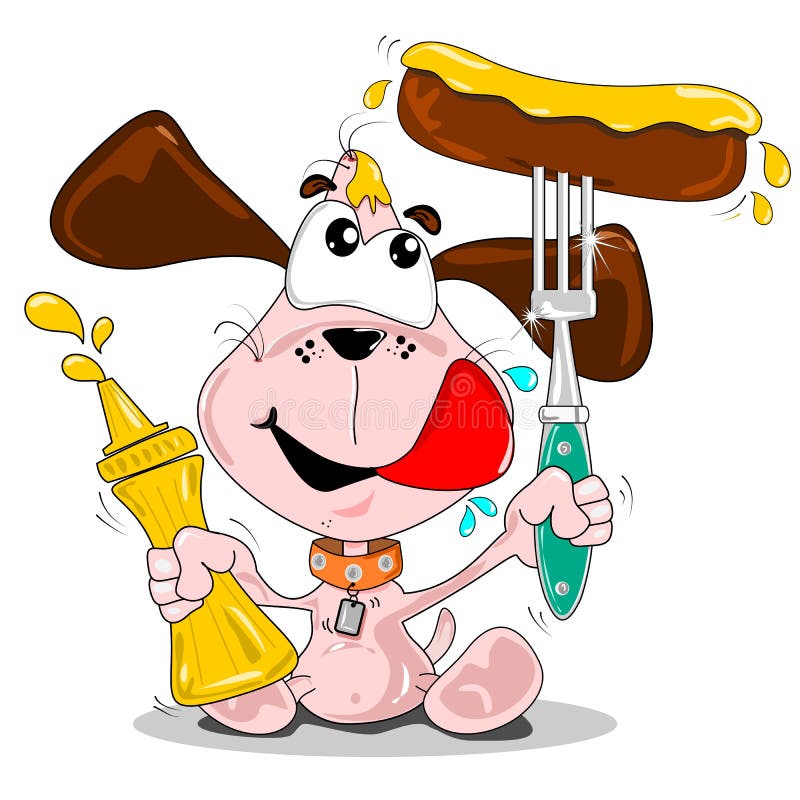 A cartoon dog with sausage & bottle of mustard. A cartoon dog with sausage & bottle of mustard