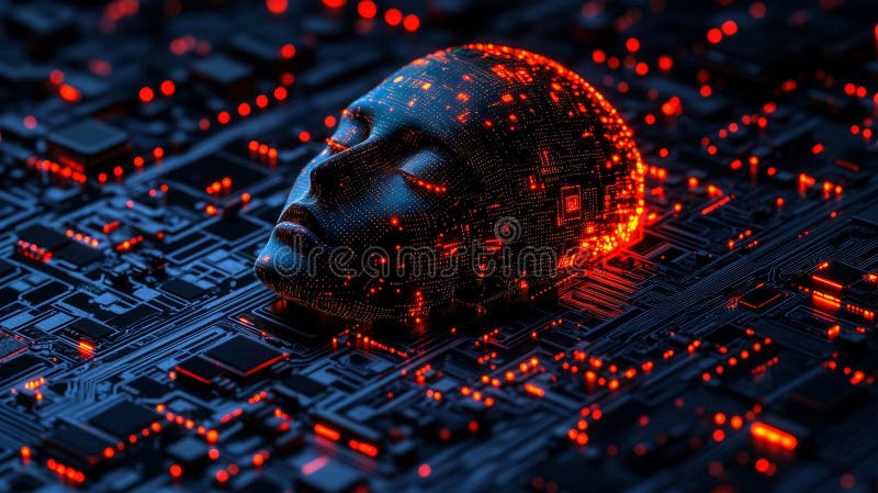 Un cap umanist cu circuite este integrat într-un microcip futurist care afișează modele strălucitoare royalty free stock photo