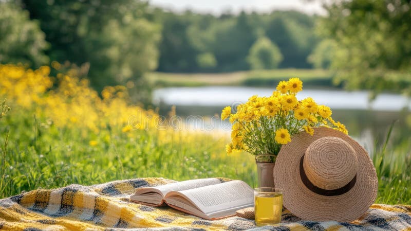 Un cappello elegante poggia su un libro aperto posto su una coperta con un motivo di fioritura, creando una serena e invitando fotografia stock libera da diritti