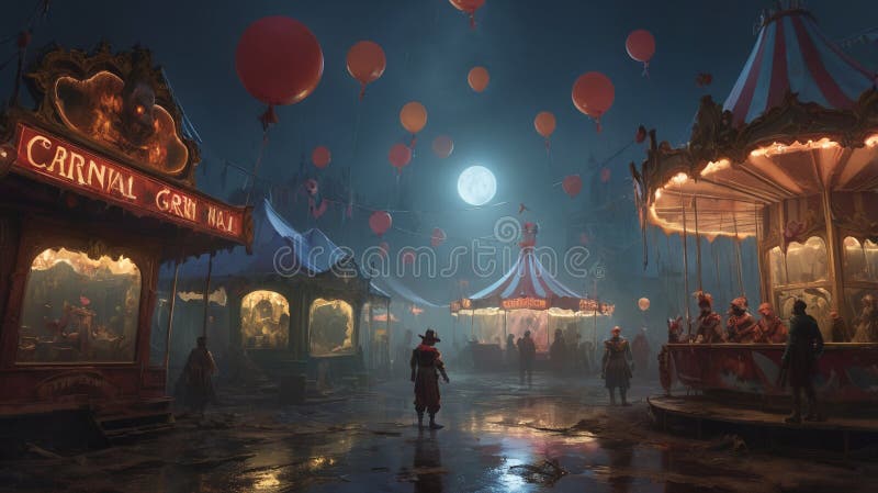 Un carnaval întunecat răsucit cu plimbari încruntate și muzică straniu cântând în fundal. Clovnii cu grâne sinistre cutreieră vector illustration