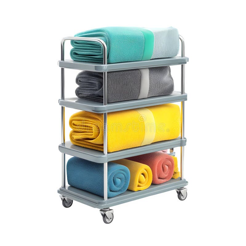 Un carrello grigio a quattro livelli con asciugamani colorati impilati su ciascun ripiano su uno sfondo bianco illustrazione di stock