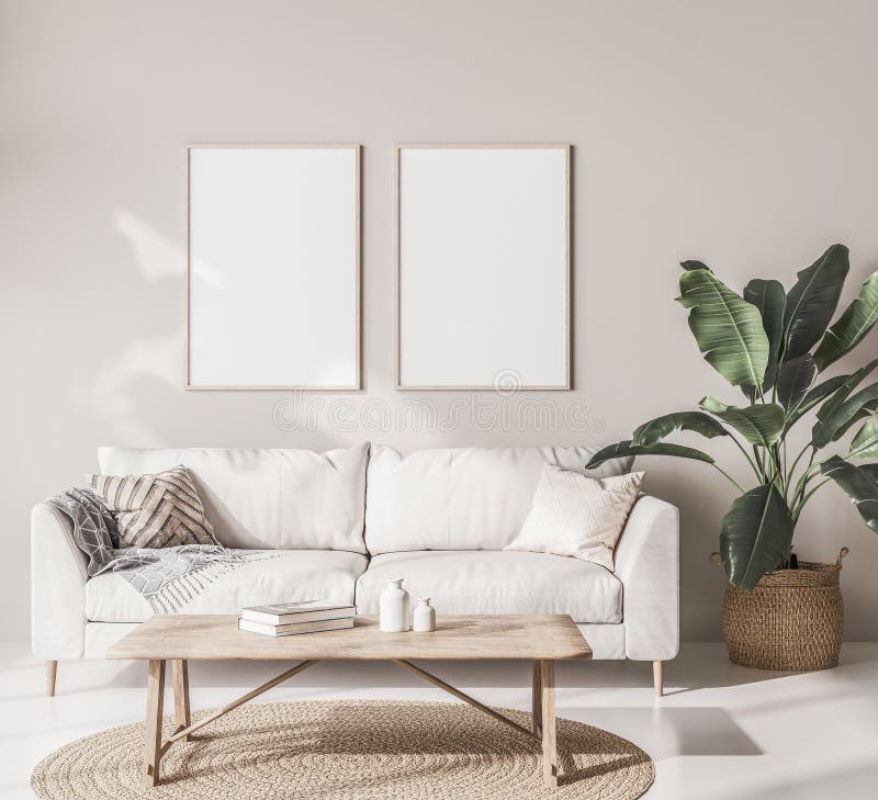 Un cartellone con sopra in un soggiorno scandinavo con divano beige fotografia stock