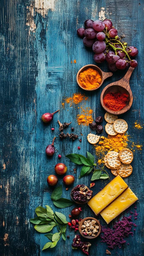 Un cartone di colore con uva da formaggio e cracker su di un fotografia stock libera da diritti