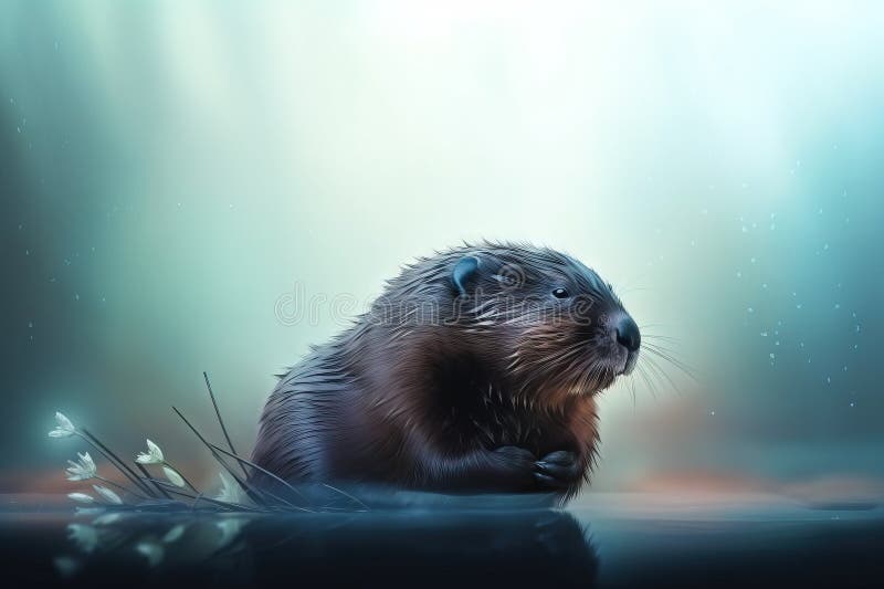 Un castor está sentado en el agua y mirando a la cámara con una cara triste y su cara cubierta de agua. Un castor está sentado en el agua y mirando a la cámara con una mirada triste en su cara y su cara está cubierta de gotas de agua. ai generativo