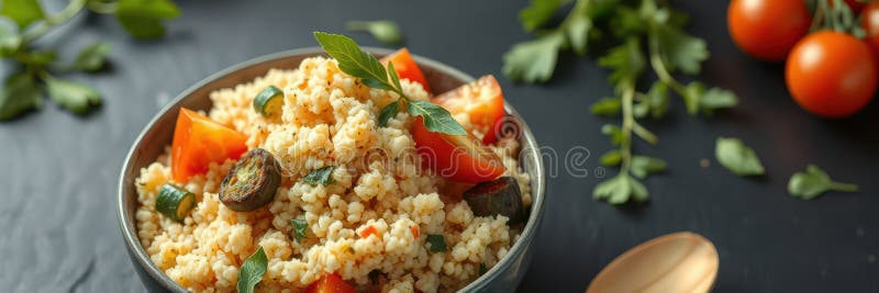 Un castron de cușcuș cu roșii, măsline și plante aromatice pe o suprafață întunecată royalty free stock photo