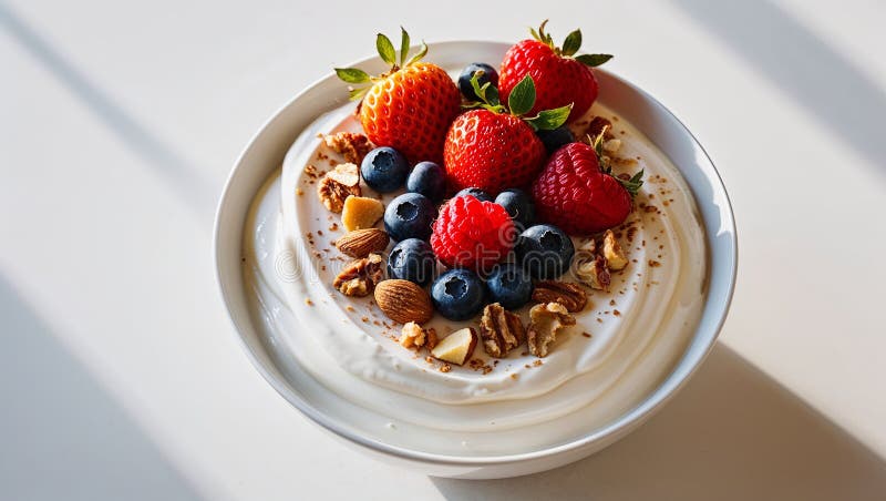 Un castron delicios de iaurt, plin cu căpșuni proaspete, zmeură și fructe cu coajă lemnoasă servite într-o lumină strălucitoare și stock image