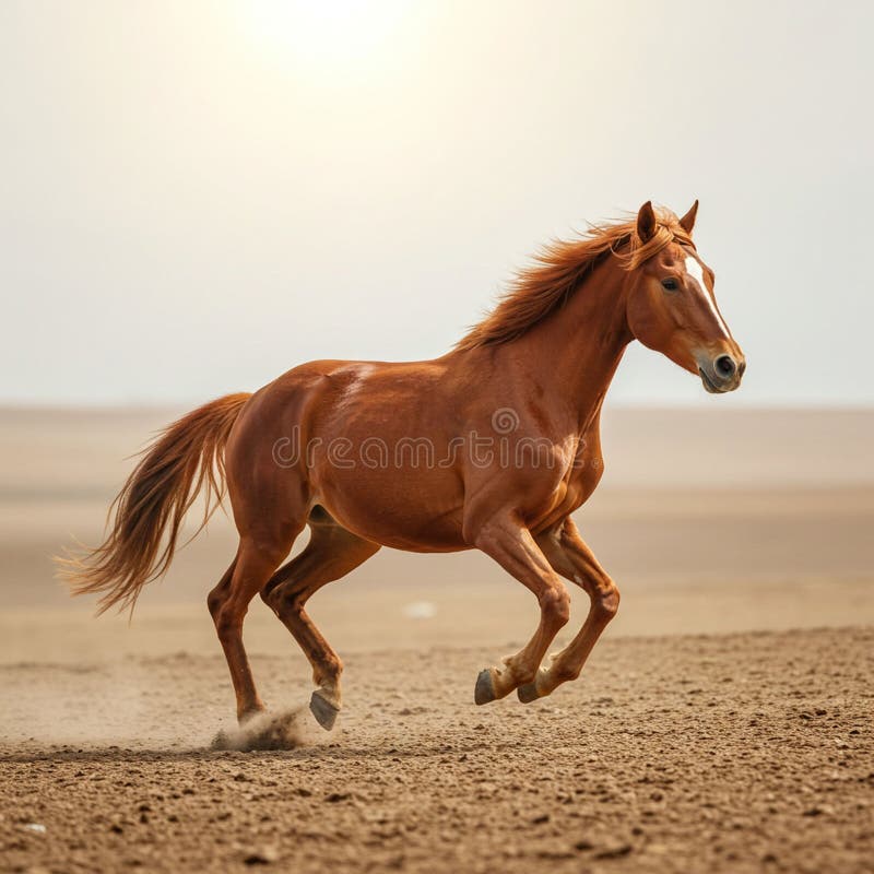 Un cavallo di castagno galoppa su un arido paesaggio desertico. Il cappotto dei cavalli è lucido illustrazione vettoriale