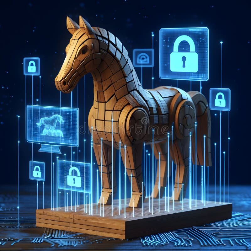 Un cavallo di trojan in legno nello spazio di sicurezza informatica della matrice illustrazione di stock